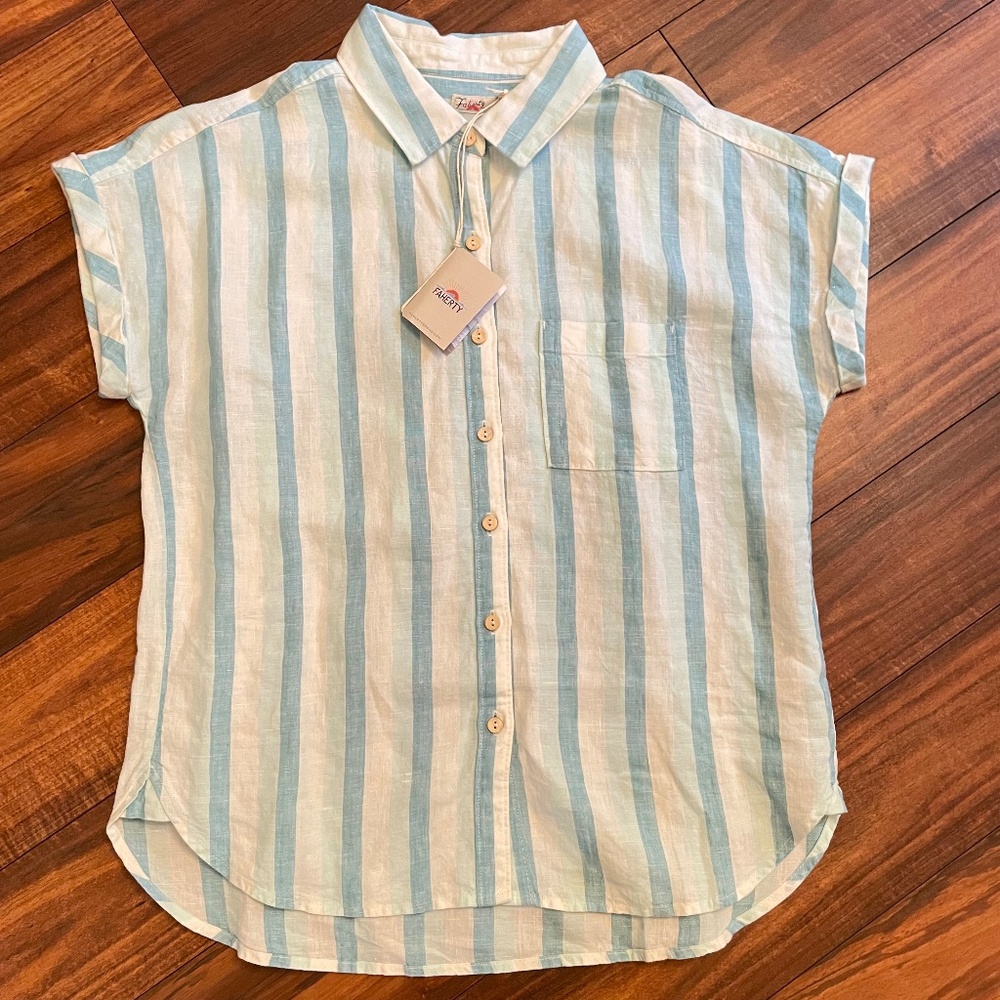 Faherty Avery Linen white blue striped short sleeves shirt XS NWT